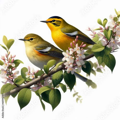 A male and female Orange-crowned Warbler perched on a tree branch isolated on a white background © DLW Designs