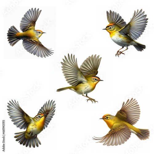 A set of male and female Orange-crowned Warblers flying isolated on a white background