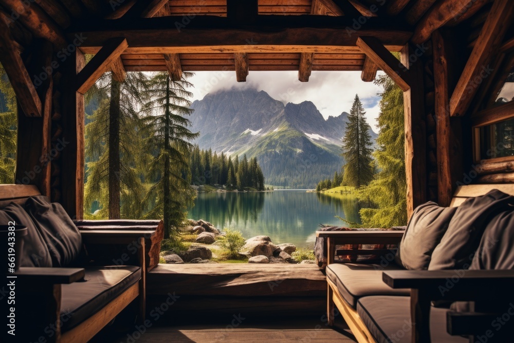 Fototapeta premium Cabin with Lake and Mountain View