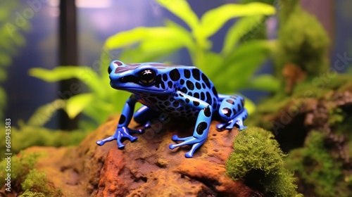 A blue poison dart frog, Dendrobates azureus, a native of Brazil and Suriname, is shown in close-up at the Atlanta Botanical Garden in Atlanta, Georgia.