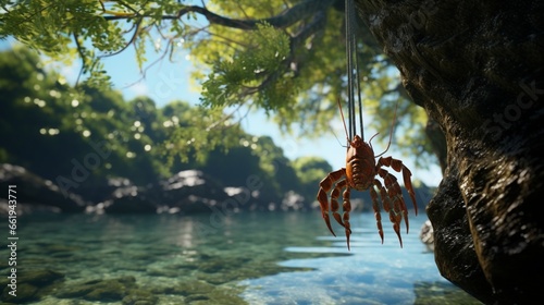 A folding net for crayfish and crabs is hanging from a tree next to the water. photo