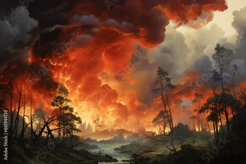 A dense cloud of smoke rises above a burning forest in an intricately painted scenery. Generative AI