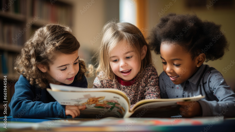 Group of little preschoolers reading a book sitting at the classroom - obrazy, fototapety, plakaty 