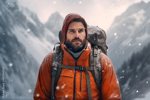 a bearded man in an orange jacket with a backpack stands against the of winter mountains.
