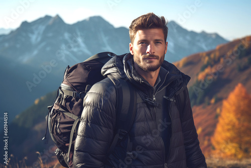 a bearded man with a backpack on his back stands against the background of mountains.
