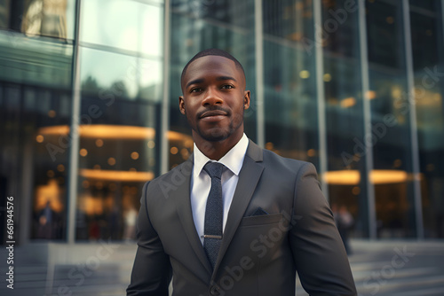 an African-American businessman in a suit outside.