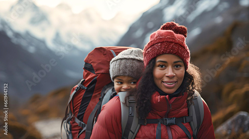 African American mother trekking with her son in Bariloche, Argentine Patagonia, touring South America, nomadic life, travelers in Latin America