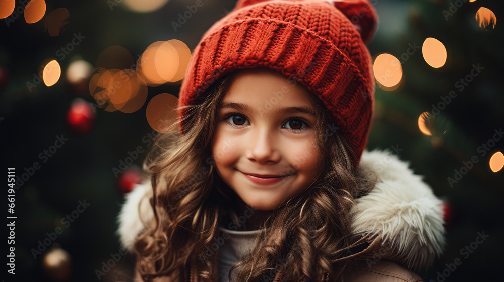 Excited cute little girl happily waiting by the Christmas tree for Santa to bring her a present. Excited cute little girl happily waiting by the Christmas tree for Santa to bring her a present.