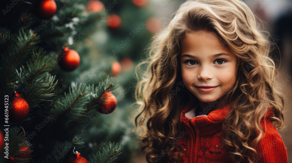 Excited cute little girl happily waiting by the Christmas tree for Santa to bring her a present. Excited cute little girl happily waiting by the Christmas tree for Santa to bring her a present.