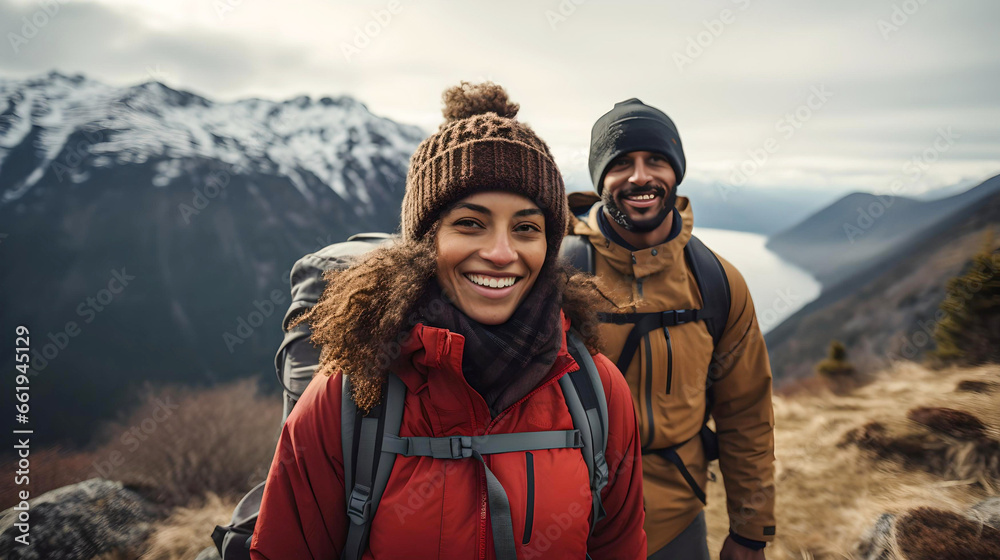 young African American couple trekking in Bariloche, Argentine Patagonia, touring South America, nomadic life, travelers in Latin America - obrazy, fototapety, plakaty 