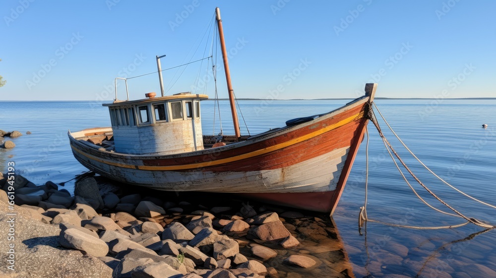 A rustic wooden fishing boat anchored near the shore, with a fisherman on deck, looking out into the distance over the water. A vintage and weathered vessel capturing the essence of the fishing indus
