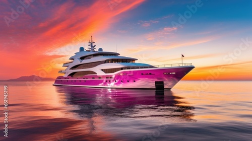 A luxurious yacht sails on the sparkling ocean at sunset, reflecting vibrant hues of orange and pink on the serene water's surface