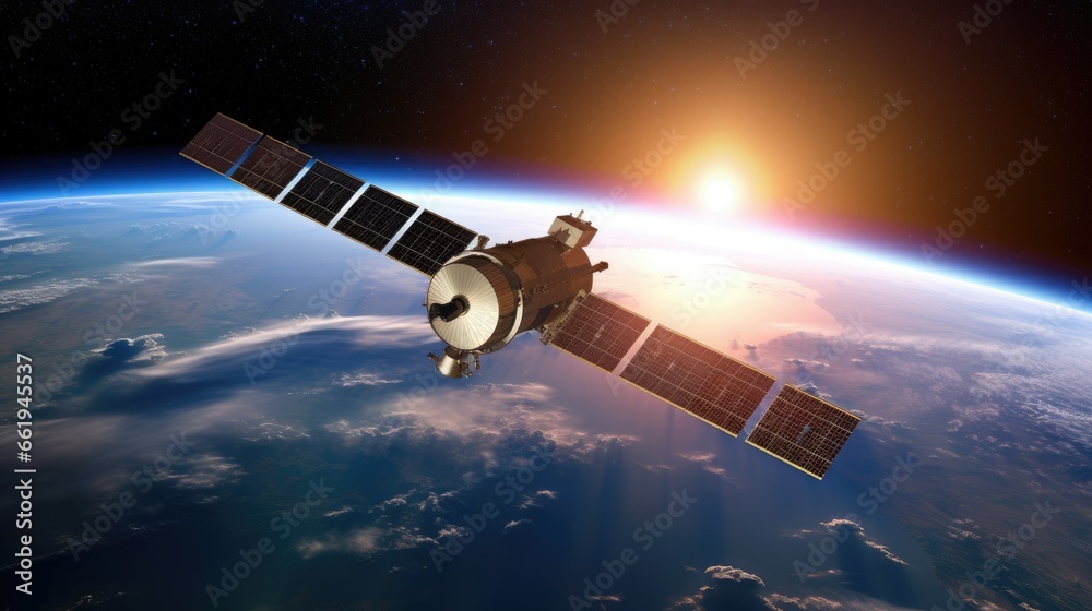 Satellite captures breathtaking view of Earth's golden glow from space, showcasing its curvature, atmosphere, and the sun. A stunning perspective of our planet in orbit, revealing the beauty of satel
