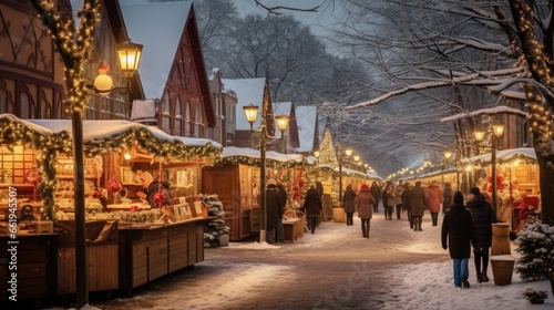 Snowy winter landscape with a charming Christmas market. Wooden stalls filled with festive treats, ornaments, and gifts. People enjoying the cozy atmosphere, sipping hot chocolate while browsing.