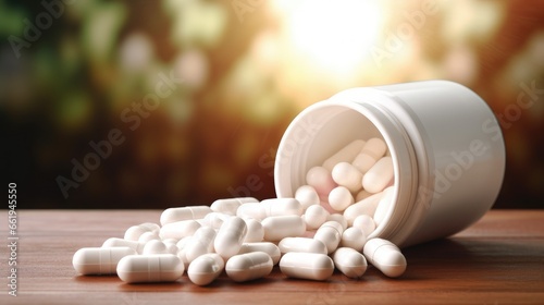 A close-up of a white pill bottle filled with neatly arranged white pills, representing the concept of medication and healthcare.