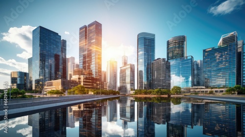A modern cityscape with tall buildings adorned with solar panels, reflecting sunlight. Urban landscape showcasing sustainable architecture and clean energy. A green and energy-efficient city with a f