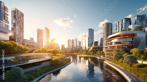 A vibrant cityscape with modern buildings bathed in warm sunlight, featuring solar panels and an eco-friendly urban environment. A sustainable city with renewable energy, clean technology, and green 