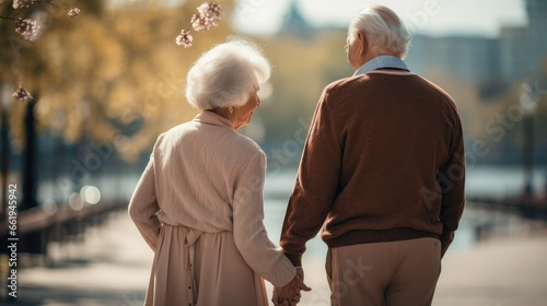 Elderly couple holding hands, radiating love, tenderness, and happiness. Their enduring relationship and togetherness is evident as they embrace aging with affection and companionship.