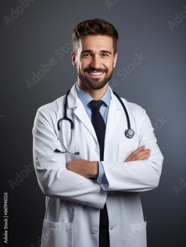 Portrait of friendly middle aged european male doctor in workwear with stethoscope on neck posing with folded arms in clinic interior, looking and smiling at camera, free space