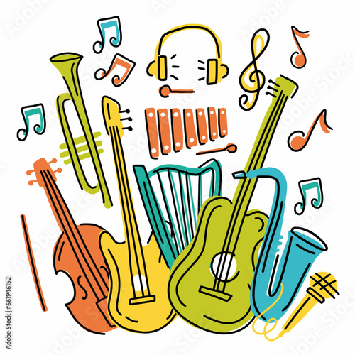 Vector illustration of a collection of musical instruments, hand-drawn in the style of doodles