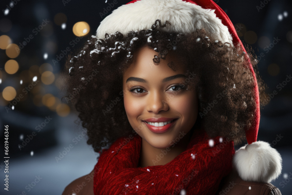 Multiethnic woman in santa hat and red winter jacket on gray background Multiethnic woman in santa hat and red winter jacket on gray background