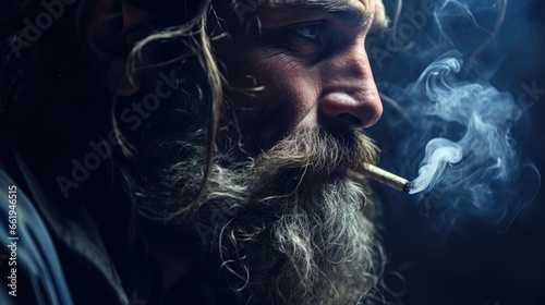 Close-up, moody, dimly lit image of a person smoking a cigarette. Deep shadows, desaturated blue-gray tones create a somber, introspective atmosphere