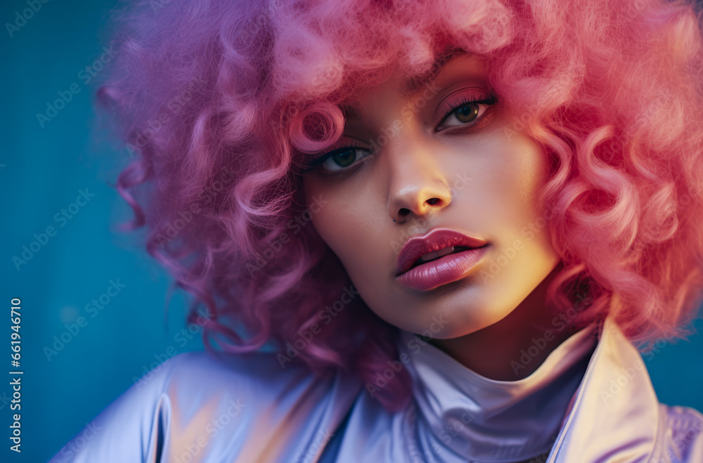 Portrait of a young multiracial woman with a wig