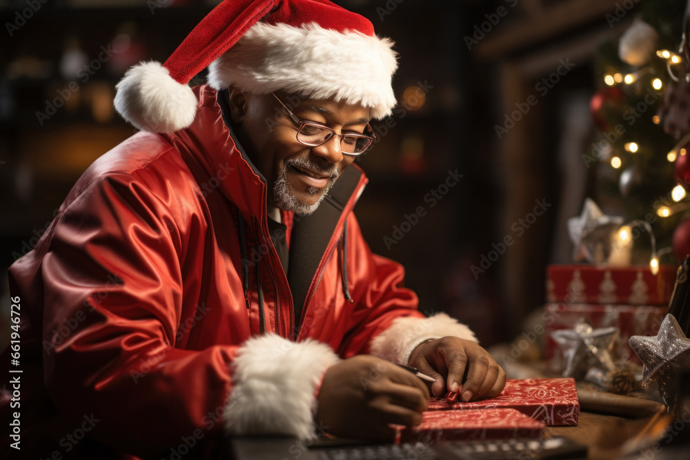 African Santa Claus in workshop makes toys for children for Christmas African Santa Claus in workshop makes toys for children for Christmas
