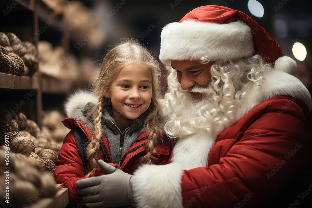 Santa Claus helps child choose gifts in shopping mall Santa Claus helps child choose gifts in shopping mall