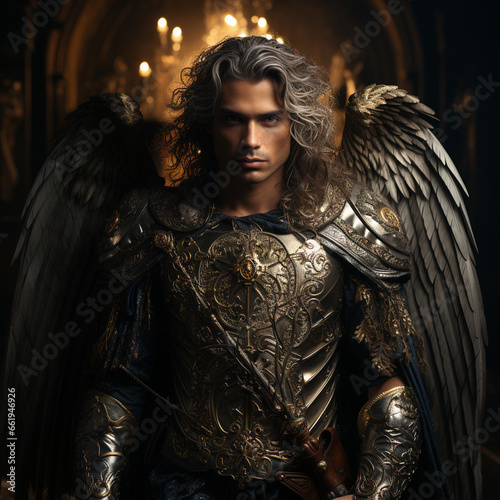 Saint Archangel Michael, with large white and golden wings, a powerful and strong body. AI Generative photo