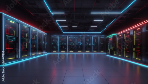A sleek, modern digital fortress designed to protect your business from potential cyberattacks, with a long-term vision to ensure the data center can handle business evolution. © emad