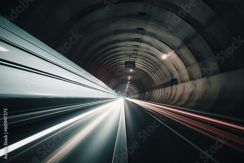 Dynamic tunnel surrounded by city highways with vehicles moving at high speed. Generative AI