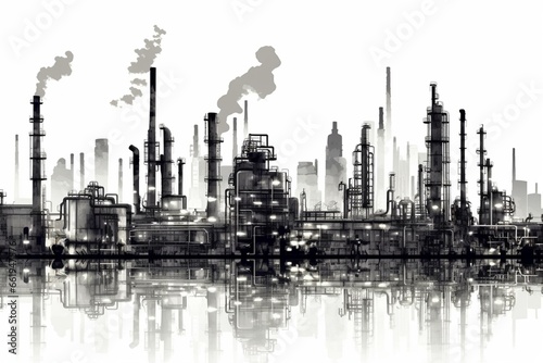 Silhouette of oil refinery or chemical plant featured in a detailed raster illustration on a grey background. Generative AI photo