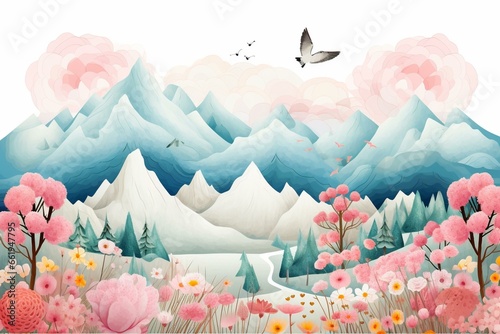 Illustration of mountains with blooming balls, animals, birds, clouds. Ideal for baby room wall decor. Generative AI