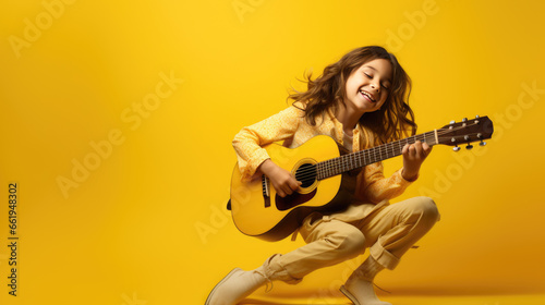 Teenage girl playing guitar on yellow background