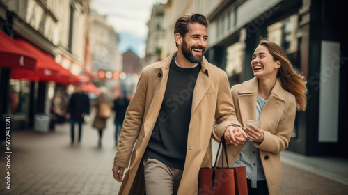 Young couple is walking down the street with bags while shopping photo
