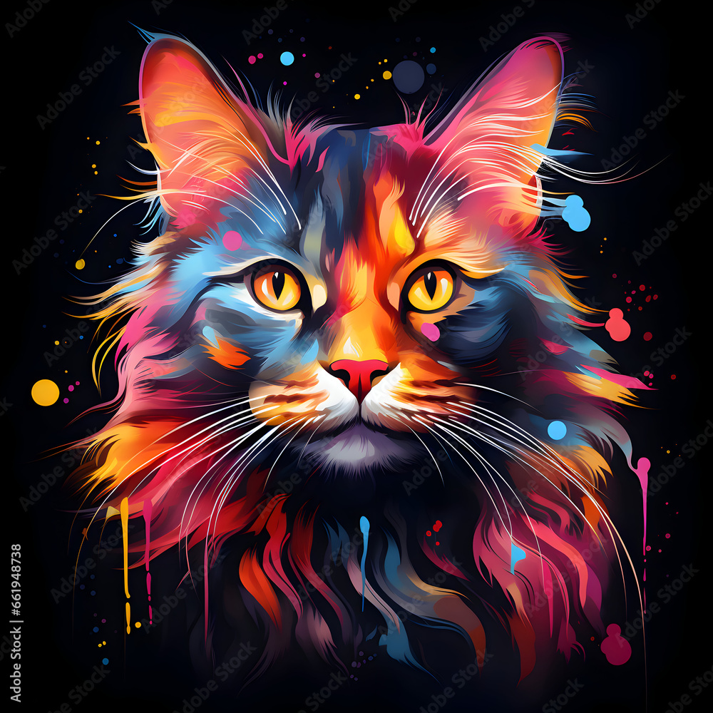 Cat in neon colors on a black background. Trendy image for room decor, print on t-shirt, stationery, poster, canvas,