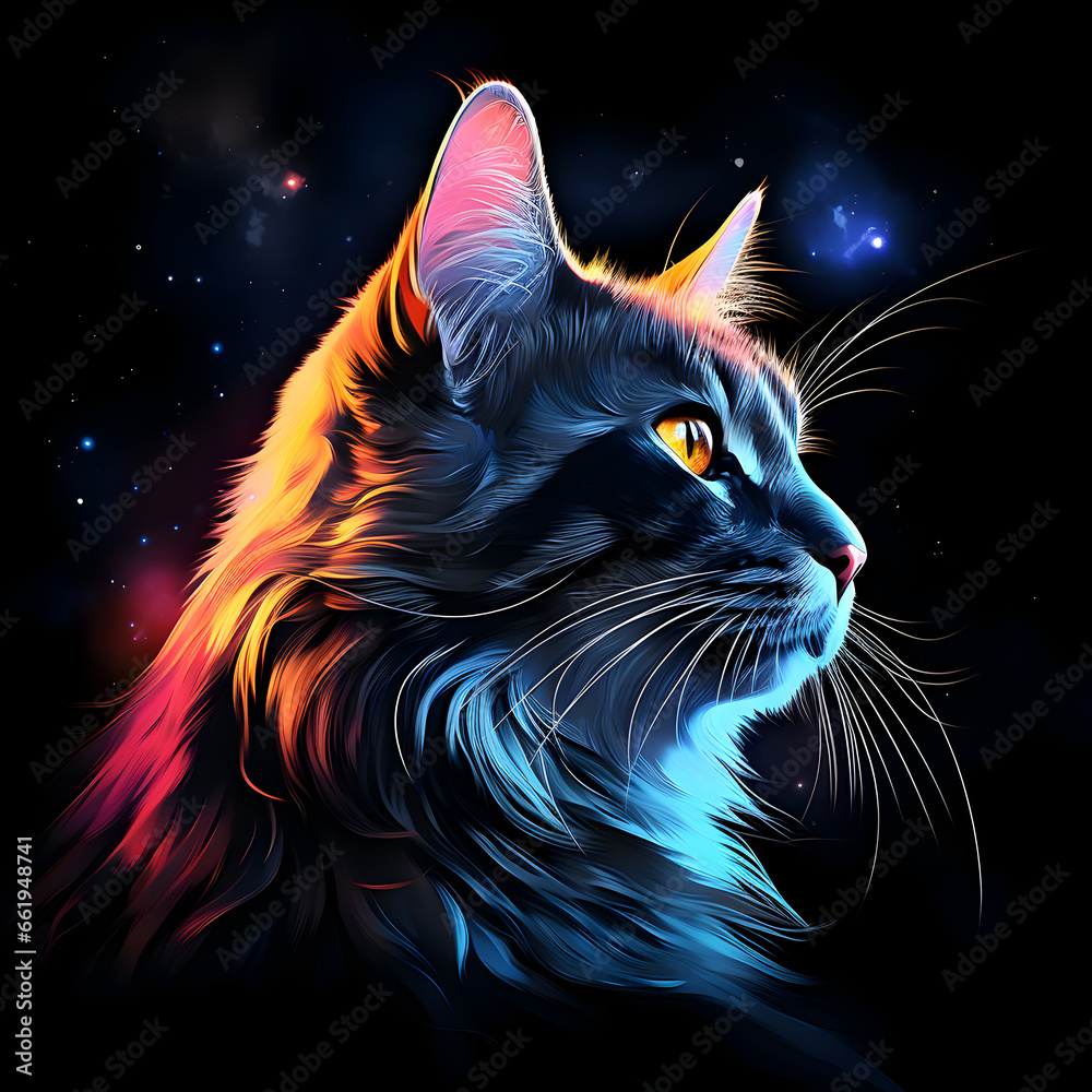 Cat in neon light on a black background. Trendy image for room decor, print on t-shirt, stationery, poster, canvas,