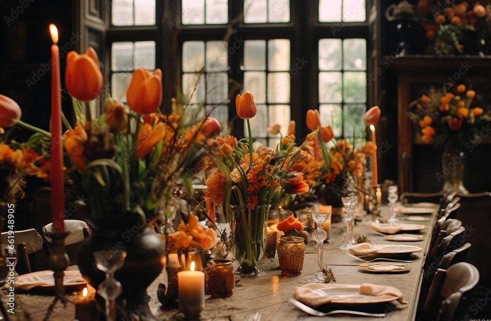 Thanksgiving table setting, elegant dinner table with pumpkins and candles generative ai.