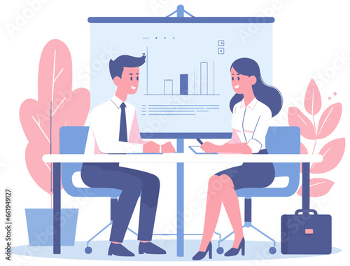 Man and Woman discuss business plan together, a presentation board behind them, Flat vector illustration