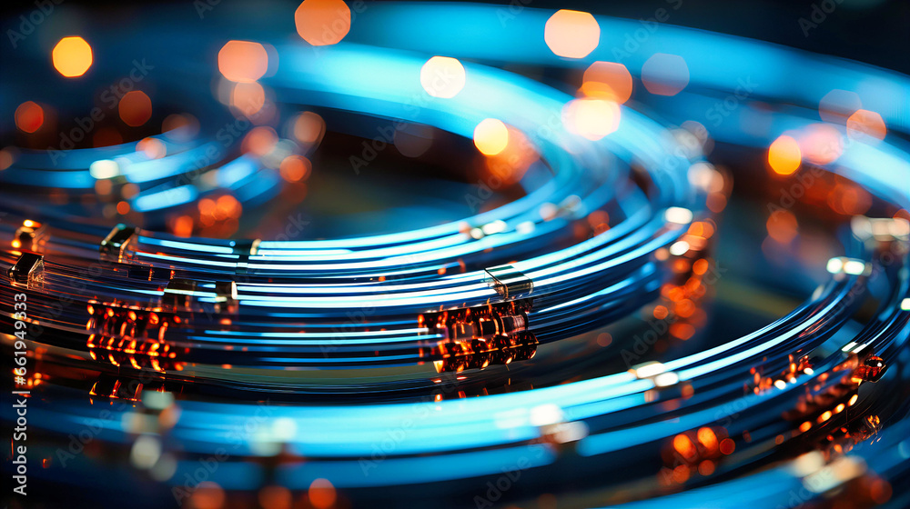 Close up view of metallic wires and cables with artificial lighting, - obrazy, fototapety, plakaty 