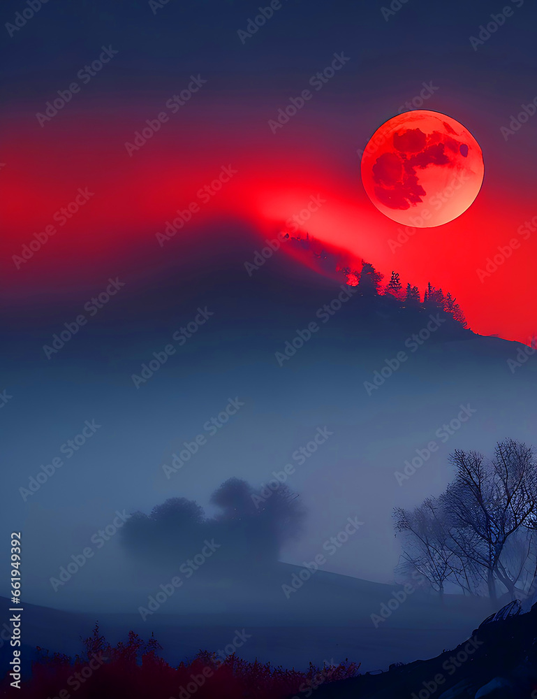 A mysterious, fog-shrouded landscape illuminated by a deep red blood moon A mysterious, fog-shrouded landscape illuminated by a deep red blood moon