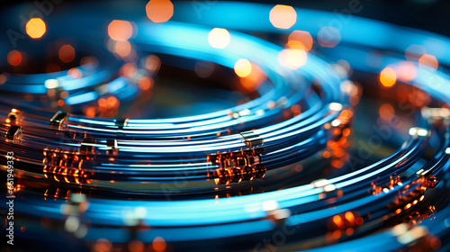 Close up view of metallic wires and cables with artificial lighting, photo