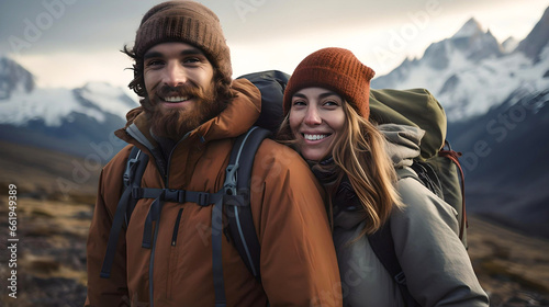young couple trekking in Argentine Patagonia, touring South America, Chalten, nomadic life, travelers in Latin America