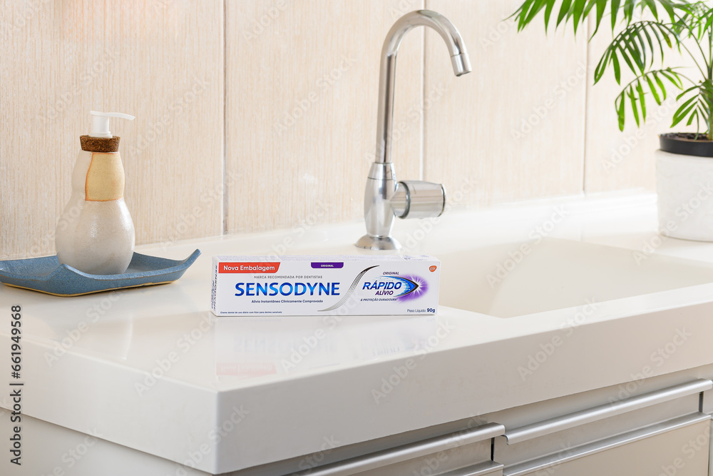 São Paulo, Brazil - October 10, 2023, a tube of Sensodyne 
