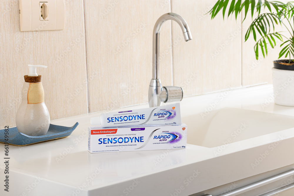 São Paulo, Brazil - October 10, 2023, a tube of Sensodyne 