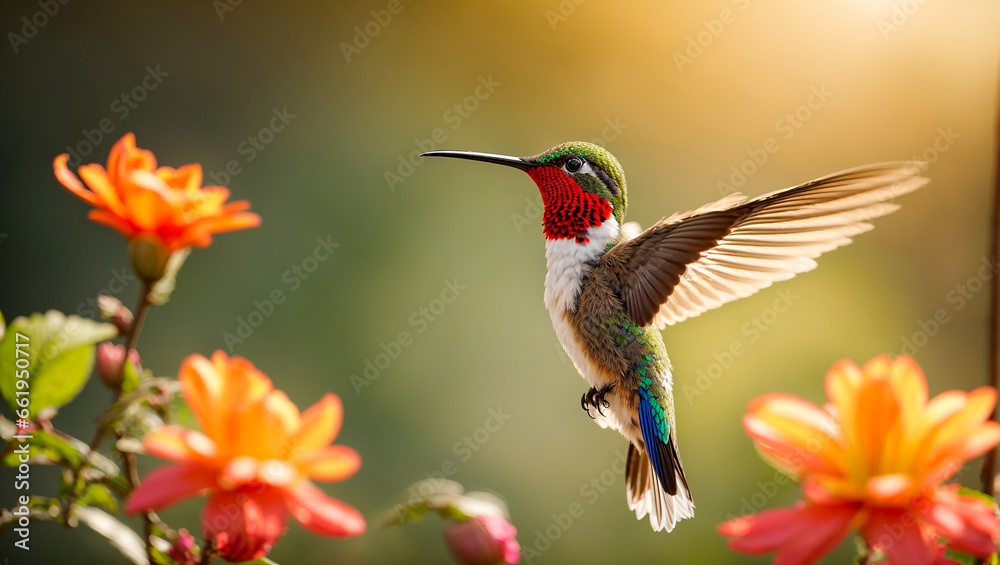 Fototapeta premium Beautiful hummingbird bird, flowers