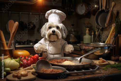 A Dog with a cute chef's outfit that preparing a delicious meal in the kitchen, Chef costume ready to cook for dinner, funny moment, an ingredient for cooking, pet concept.