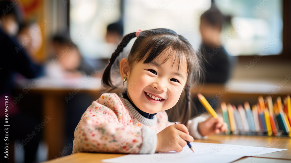 Little preschooler sits at a desk with a pencil in his hand and learns to write in class Little preschooler sits at a desk with a pencil in his hand and learns to write in class