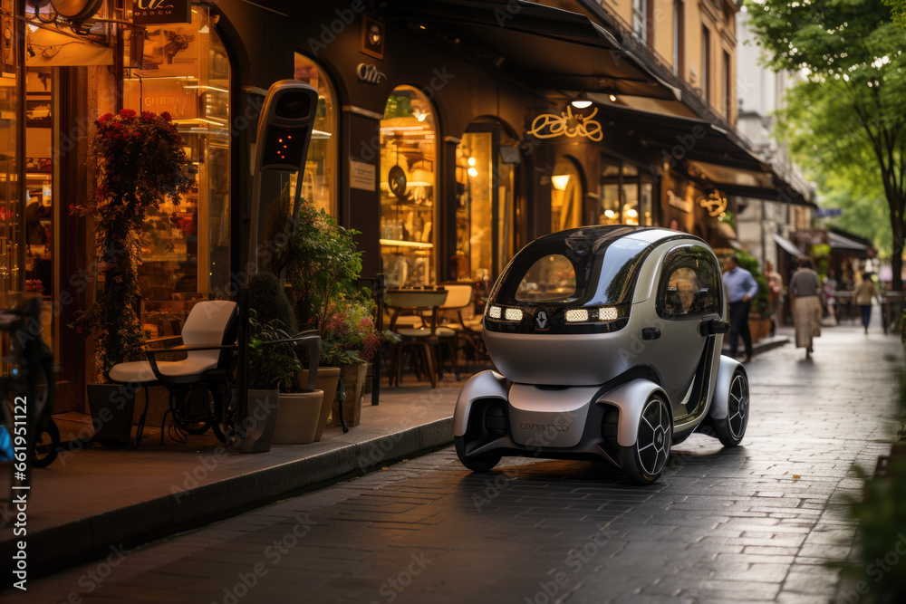 small electric and technological car for urban mobility. circulates along a pedestrian street in a city where cafes and restaurants abound